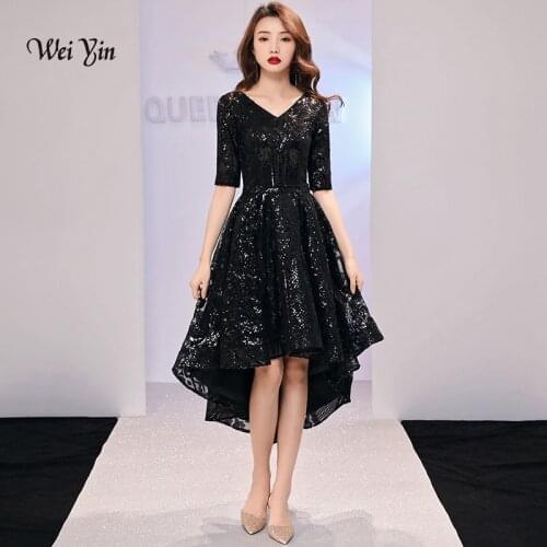 Weiyin 2021 Black V Neck Half Sleeve High-low Vintage Zipper Tea Length Formal Dresses Sequined Party Porm Dresses WY1245