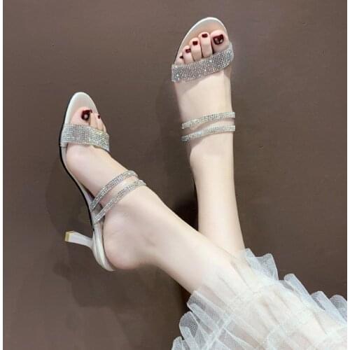 Womens Rhinestone Word Belt High Heels Female Stiletto Two-wear Sandals Women Shoes Zapatos Mujer