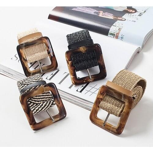 Womens Retro Stretch Wood Grain Buckle Waist Belt Wide Braided Elastic Waistband(Button colors are random)