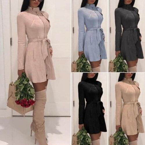 Women Solid Color Casual Zipper dress Long Sleeve Tops Outwear Dresses women dress Womens clothing