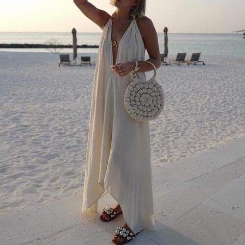 White Dress Women Sexy Sleeveless V-Neck Backless Casual Loose Dress for Women Summer White Beach Long Dresses Vestido Playa