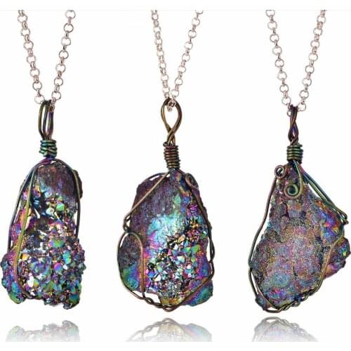 1PCS Unique Handmade Irregular Wire Wrapped Pendants Necklaces for Women Men Color Plated Stone Charm Necklace Jewelry