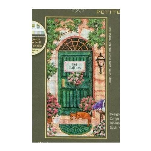 100% egypt COTTONLovely Counted Cross Stitch Kit Tuscan Welcome Green Door Cat Kitty Kitten dim 65126