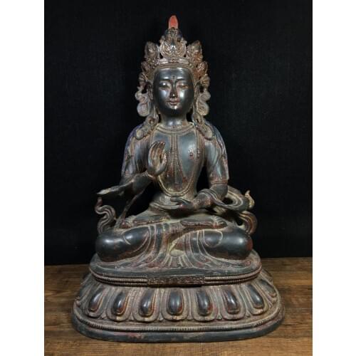 15" Tibet Buddhism Old purple Bronze Cinnabar Green Tara Buddha Statue Guanyin Bodhisattva Sitting Buddha Enshrine the Buddha