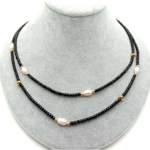 2 rows Natural faceted Rondelle black Spinel Cultured white Pearl Necklace 17"