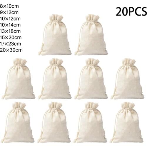 20 Pcs Handmade Cotton Drawstring Bag Packing Organizer Gift Bag Wedding Christmas Jewelry Packaging Reusable Shopping Bag