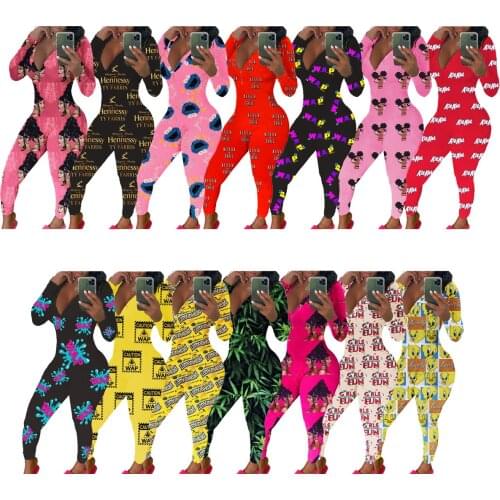 2021 Sexy Women Print Onesies Adults Long Sleeve V-neck Cartoon Pattern Pajamas Romper Lady Jumpsuit Overalls