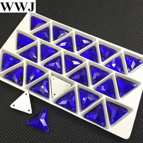 New 30Pcs 16mm Cobalt Color Triangle Shape Glass Sew On Stone Flatback 3 Holes Sewing Rhinestones Jewelry Beads