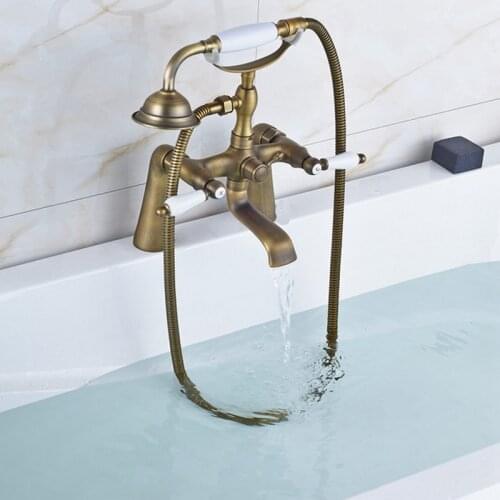 Retro Antique Brass Double Ceramic Handles Deck Mounted Bathroom Clawfoot Bathtub Tub Faucet Mixer Tap w/Hand Shower aan021