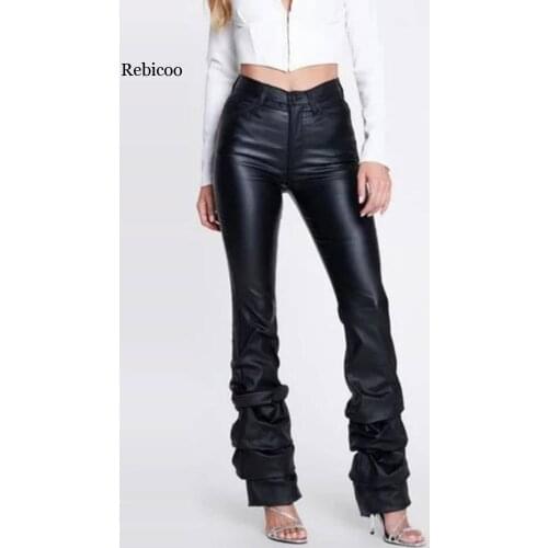 Solid High Waist Layered Ruched Womens Sexy Black High Waist Pants Slim Soft Strethcy Shiny PU Pants