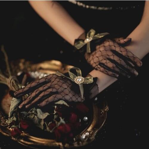 Black Glove Lace Bow Wedding Gloves Short Vintage Translucent Sunscreen Lace Glove for Elegant Bridal Wedding Accessories