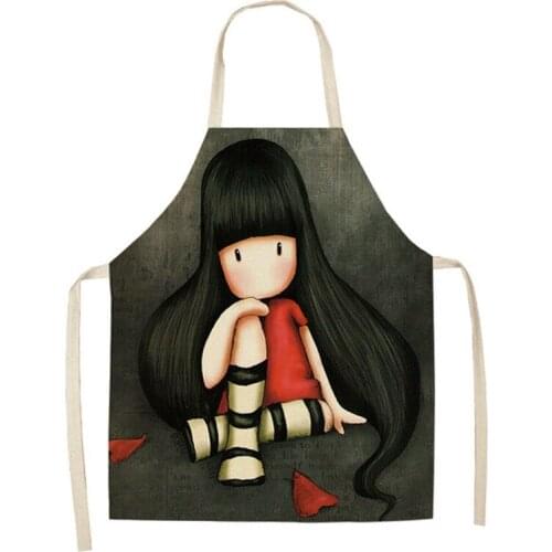 Cartoon Cute Girl Printed Kitchen Aprons for Women Linen Home Cooking Baking Waist Bib Pinafore Household Cleaning Tools 68*55cm