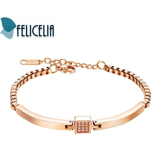 Felicelia Elegant Rose Gold Color Stainless Steel Cubic Zirconia Box Chain Bracelet for Women Mothers Day Gift