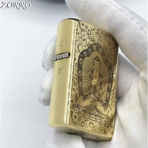 Pure Copper Kerosene Lighter Original ZORRO Fine Carving The Buddhist Scripture Pattern Gasoline Lighter Outside Tool Men Gift