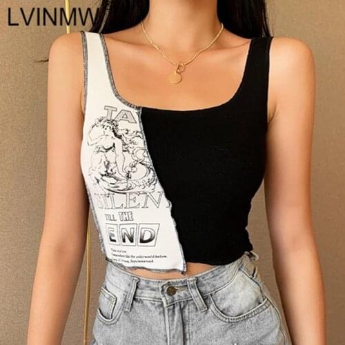 LVINMW Sexy Square Collar Sleeveless Letter Figure Print Crop Top 2020 Summer Women Splice Slim Fashion Tank Tops Streetwear