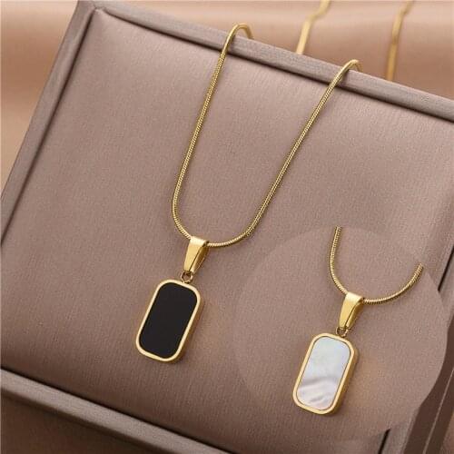 Korean Style High Fashion Black White Double Side Rectangle Shell Pendant Women Necklace Ladies Snake Chain Chokers Necklaces