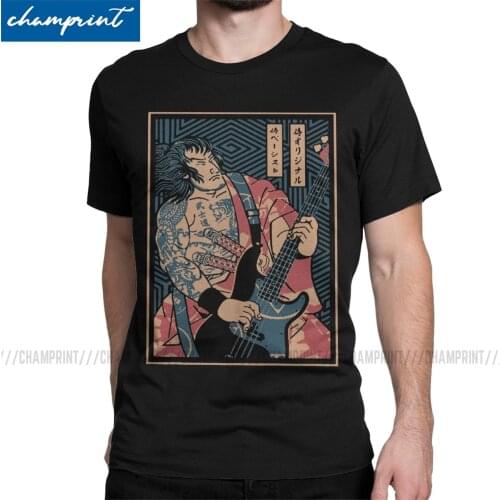 Bassist Samurai Mens T Shirts Guitar Rock Metal Music Funny Japan Player Hipster Tees Round Collar T-Shirt Gift Idea Clothes