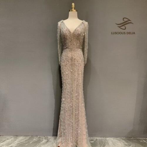 Luxury Champagne V-neck Sexy Evening Dresses 2020 Diamond Beading Sleeveless Mermaid Formal Dress Luscious Delia