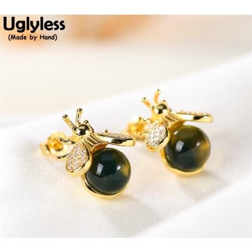 Uglyless Firefly Creative Insects Jewelry for Women Natural Gemstones Jade Cicada Studs Earrings Real 925 Silver Brincos Bijoux