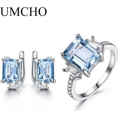UMCHO Elegant 925 Sterling Silver Jewelry Created Nano Sky Blue Topaz Rings Earrings Wedding Gifts For Women Fine Jewelry Sets