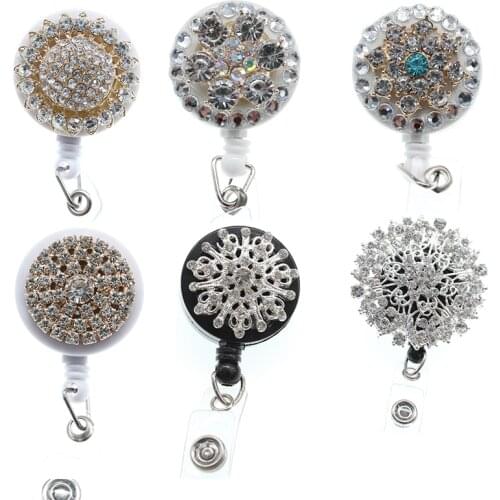 Rhinestone Bead Flower Retractable ID Name Card Badge Holder Reel