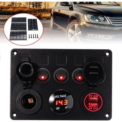 Treyues 5 Gang Switch Panel ON-OFF Toggle 2USB Socket Charger Digital Voltmeter 12-24V For Car SUV Marine RV Truck Yacht Ship