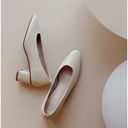 Spring Genuine Cow leather Korean Grandmas Shoes Chunky Middle Heels Round Toe Womens Pumps