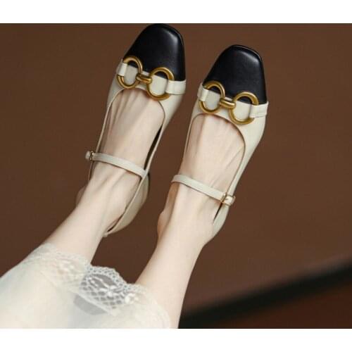 Brand Designer Mix Color Shoes Women Natural Genuine Leather Mary Jane Shoes Woman Spring Autumn Buckle Metal Chain Pump Size 43