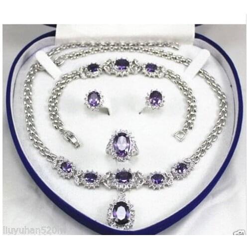 Fast shipping + womens jewelry Purple gem GP Earring Bracelet Necklace Ring set