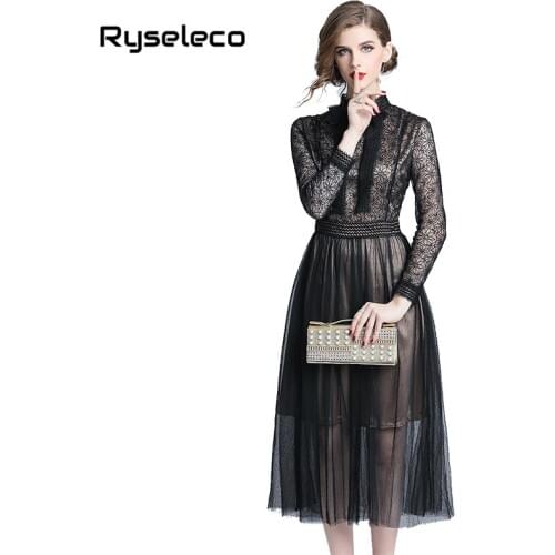 Women Spring Mesh Floral Lace Dress Runway Lady Long Sleeve Stand Collar Party Elegant Female Casual Sexy Midi Flare Swing Dress