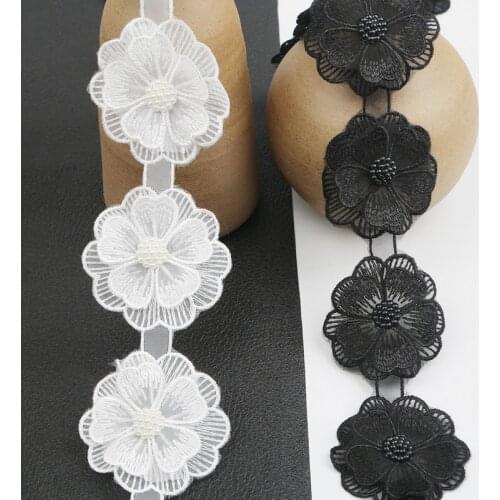 12 Black White Pearl Flowers Handmade Beaded Embroidered Lace Edge Trim Ribbon Double Layered Applique Dress DIY Sewing Craft