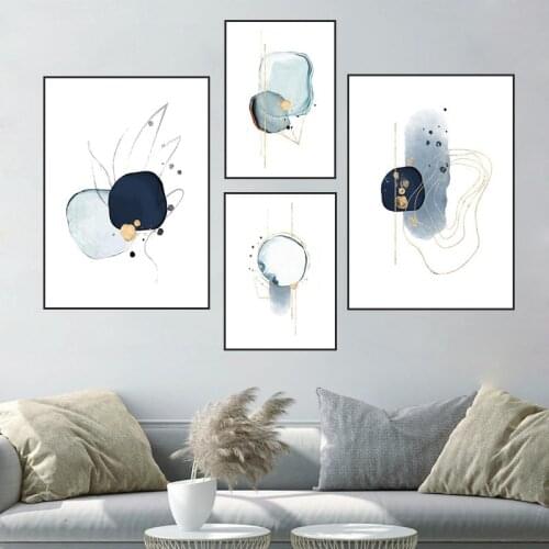 Abstract Blue Gold Sketch Canvas Painting Modern Minimalist Geometry Wall Art Poster Print Picture for Room Home Decor HD0098