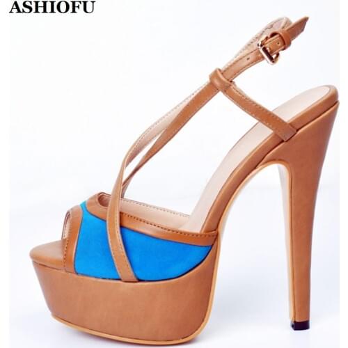 ASHIOFU Handmade Ladies High Heel Sandals X-straps Peep-toe Platform Shoes Patchwork Sexy Club Fashion Sandals Shoes XD097