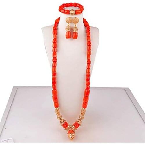 White/Orange Nigerian Coral Beads African Wedding Bridal Set Costume Coral Jewelry Set for Men Groom