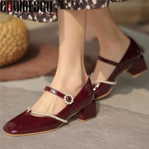 COVIBESCO Elegant Retro Women Pumps String Bead Buckle Mary Janes Autumn Summer Genuine Leather Thick Heels Office Shoes Woman