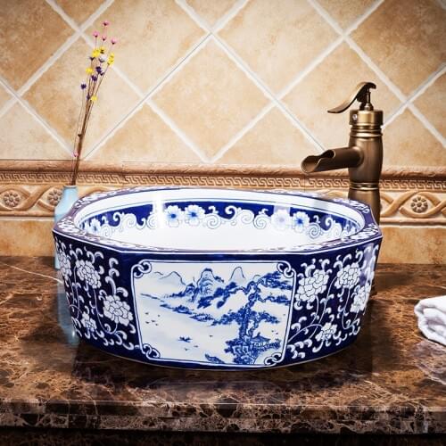 Europe Vintage Style Ceramic Washing Basin Bathroom Counter top Bathroom Sink blue and white handmade wash basin bathroom sinks