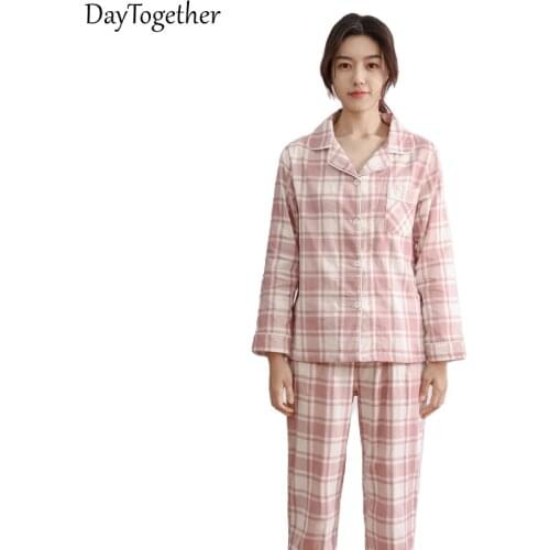 Cotton pajamas for women Solid Plaid Lovers Sleepwear Color Pink Gray Female 2 pieces Suit Nightgown