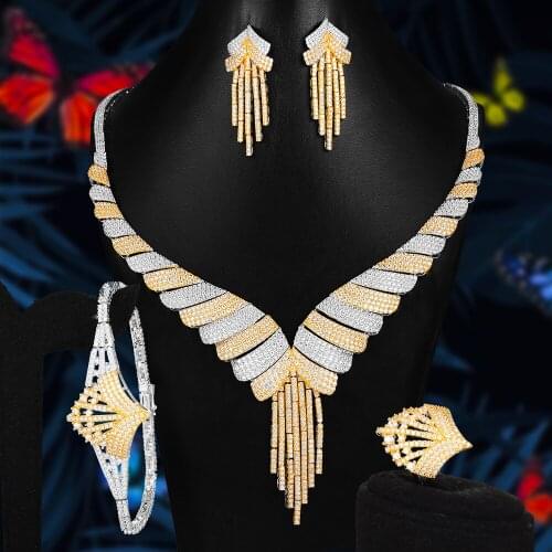KellyBola 4PCS Deluxe Bicolors African Tassel Necklace Earrings Bangle Ring Dubai Jewelry Sets For Women High Quality Fashion