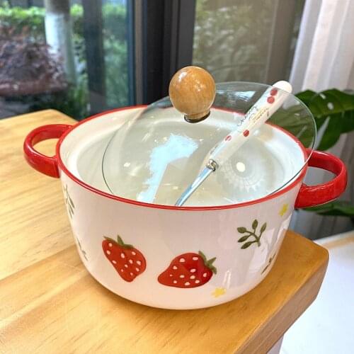 Han Feng Girl Heart Ceramic Strawberry Pattern Double Ear Instant Noodle Bowl With Cover