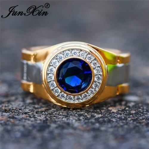 Mens Round Blue Stone Luxury Wedding Rings For Men Women Yellow Gold Color Promise Engagement Ring Male Boho Zircon Jewelry CZ
