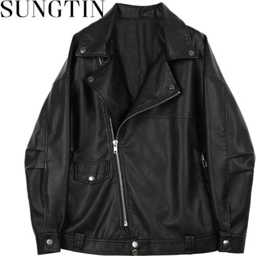 Sungtin Faux Leather Jacket for Women Streetwear PU Moto Jacket Women Zipper Oversized Casual Korean Outwear 2021 New Fashion