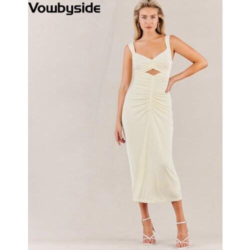 Summer Womens Sexy Bag Hip Spaghetti Strap Pleated Solid Color Knitted Dress Mid-calf Long Dress
