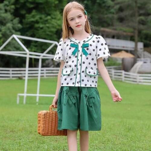 Summer Girls Clothes Set Fashion Single Breasted Floral Print T Shirts And Short With Bow Children Outfit School Uniform Clothes