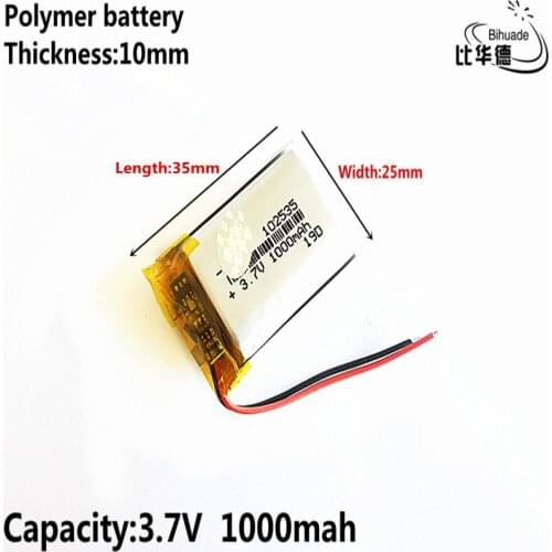 Good Qulity 3.7V,1000mAH 102535 Polymer lithium ion / Li-ion battery for tablet pc BANK,GPS,mp3,mp4