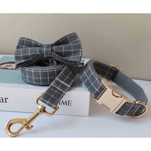 Comfortable and durable gray plaid dog collar and dog leash for pitbull bull terrier Rottweiler german free engraving Id