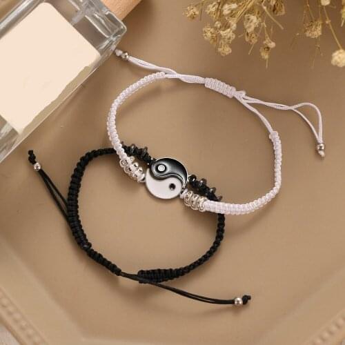 2pcs/set Yin Yang Couple Bracelets Drawstring Cord Braid Chain Bracelet Chinese Tai Chi Splittable Jewelry Unisex Lover Gift