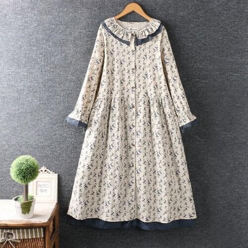 Mori Girls Sweet Peter Pan Collar Floral Dress Women Retro Fashion Embroidery Loose Cotton And Linen Long-sleeved Button Dresses