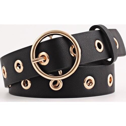 Belt Fashion Ladies Eyelet Faux Leather Gold Round Buckle Womens Belts Personality Trend Wild Jeans Decorative Female Belt