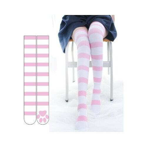 Pink Cat Claw Striped Over-the-knee Socks Velvet Printed Extended Thigh Socks 65cm Japanese and Korean Style Cosplay
