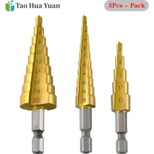 3pcs HSS Titanium Coated Step Drill Bit Drilling Power Tools Metal High Speed Steel Wood Hole Cutter Step Cone Drill Tool Set AA